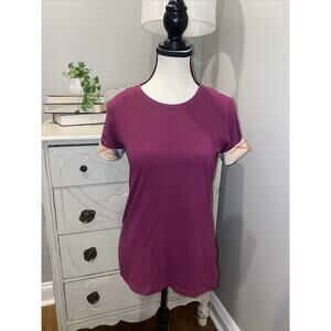 BURBERRY BRIT Plum Classic Nova Print Check Cuff Tee Top Size Small G9